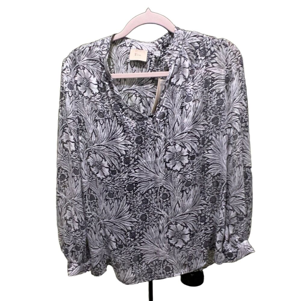 Elie Tahari Women's Black Floral V-Neck Long Sleeve Blouse Size S